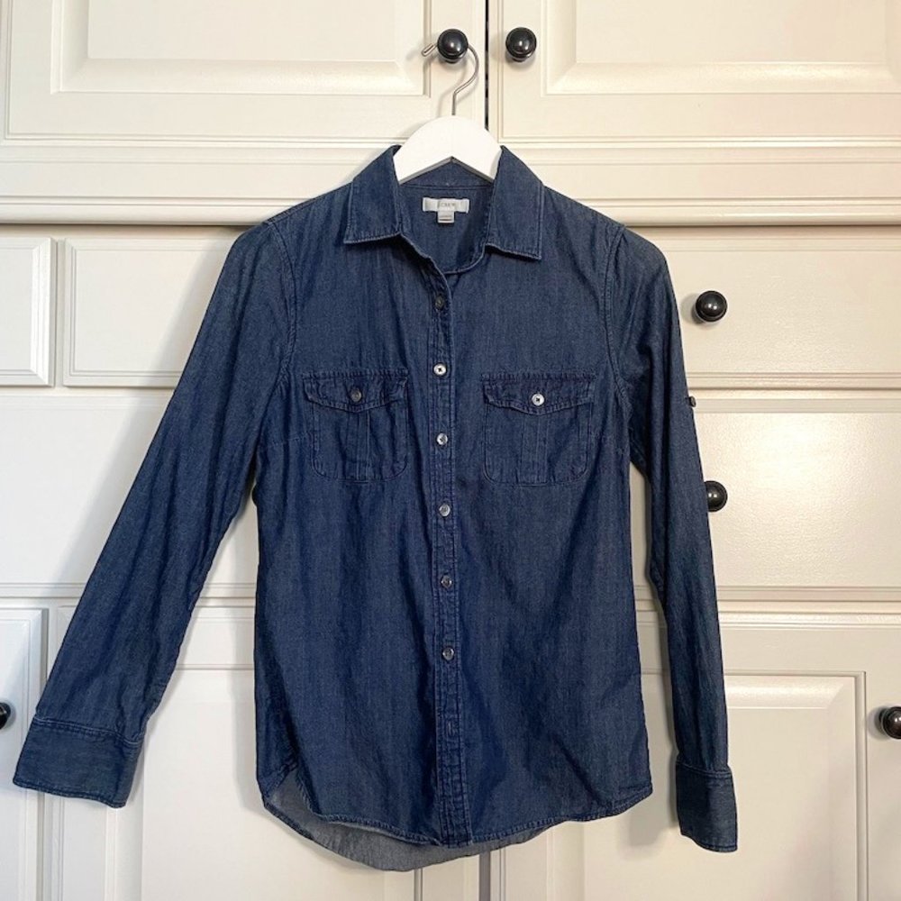 J CREW 02797 KEEPER CHAMBRAY Dark Rinse Denim Shirt Size 0